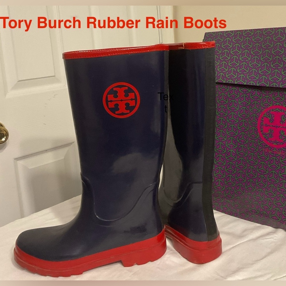 Tory Burch Blue and Red Authentic Rain Boots